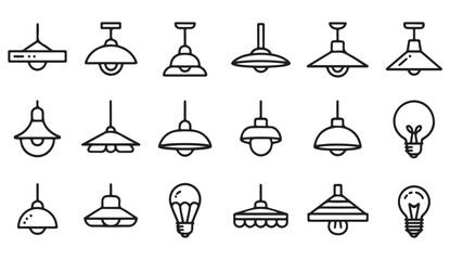 Outline lamp and light bulb icon collection representing electricity, home lighting, and bright ideas.