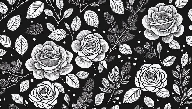 a black and white floral pattern of roses and leaves