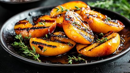 Grilled peach halves with fresh thyme sprigs on dark plate