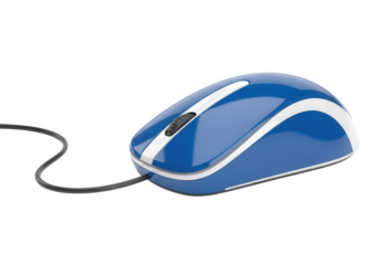 A blue and white computer mouse with a black cord isolated on a transparent background