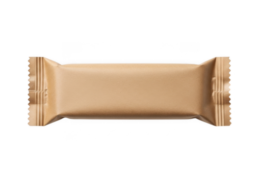 A single protein bar is wrapped in brown paper, isolated on transparent background, ready for a healthy snack