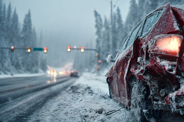 Winter highway accident scene with damaged car in snowy landscape