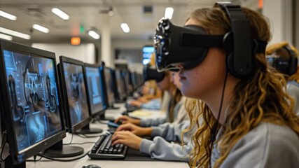 In a modern computer lab, students wear virtual reality headsets as they participate in an interactive learning session - Powered by Adobe