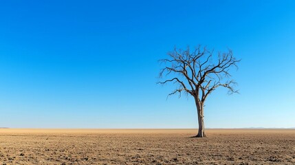 Solitary bare tree stands in dry cracked earth under vast blue sky