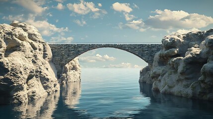 Stone bridge spans water between rocky cliffs under cloudy sky