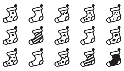 Outline Christmas stocking icons collection for festive celebration, gift, and winter decoration concepts.
