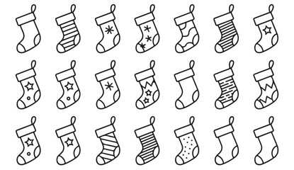 Set of thin line Christmas socks with ornaments, stars, and snowflake designs for holiday illustration.