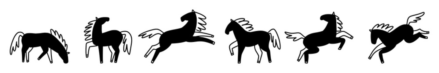 A horizontal collection of hand-drawn horses in doodle style.
