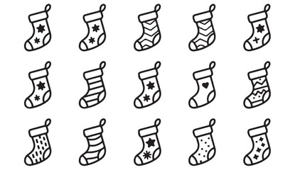 Thin line Christmas stocking icon set showing festive socks with snowflakes, stripes, and holiday patterns.