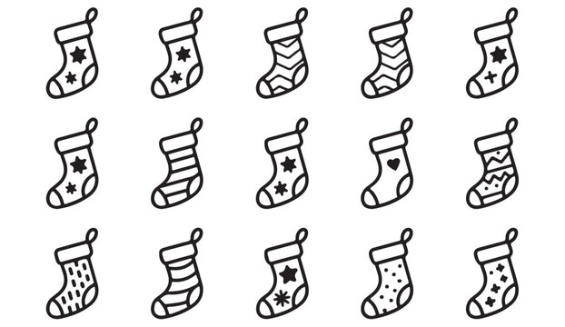 Thin line Christmas stocking icon set showing festive socks with snowflakes, stripes, and holiday patterns.