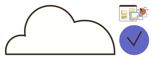 Cloud outline next to data analytics graphics, a pie chart, and a blue validation checkmark. Ideal for cloud computing, analytics, data processing, approval, security, file storage innovation