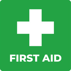 first aid sign symbol, white cross on green square, emergency health care and medical icon