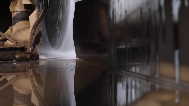 Close-up of a large diamond saw cutting a natural stone block in a factory. Water cools the blade and suppresses dust during the industrial marble or granite processing.


