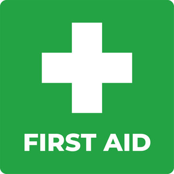first aid sign symbol, white cross on green square, emergency health care and medical icon