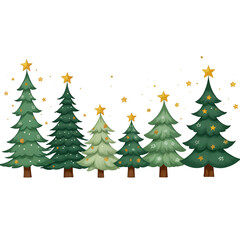 Fototapeta premium A group of green Christmas trees with gold stars on a white background.
