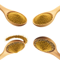 Collage of isolated wood spoons with cumin powder and whole cumin seeds, a versatile ingredient in many dishes, suitable for various culinary applications