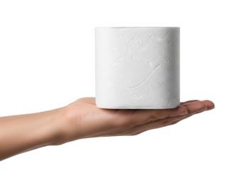 A hand holds a roll of white toilet paper isolated on transparent background, symbolizing hygiene and cleanliness