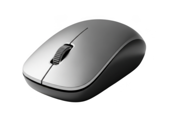 A sleek silver and black wireless computer mouse isolated on transparent background