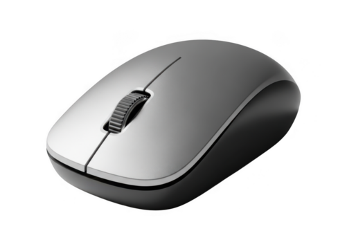 A sleek silver and black wireless computer mouse isolated on transparent background