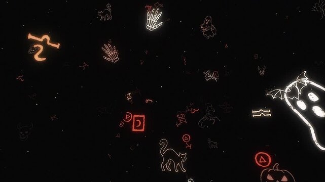 Halloween Glowing Symbols Animation &ndash; Spooky Floating Icons with Ghosts, Pumpkins, Skulls, and Bats on Dark Background Seamless Loop