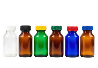 A variety of colorful medicine bottles are isolated on transparent background, showcasing different sizes and cap colors
