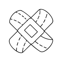 Vector art of stylized line art of a medical bandage, forming a cross shape with a central square, , representing first aid and healing