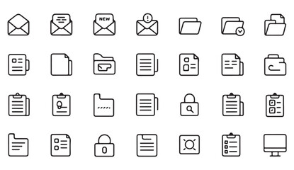Thin line business and office icon set showing email, document, and folder organization in digital management.