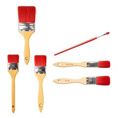 Assortment of wooden paintbrushes with vibrant red bristles, presented in various sizes and styles, essential tools for artists and DIY enthusiasts on a transparent background