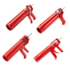 Bright red caulk guns in diverse orientations, showcasing their ergonomic design and essential role in sealing and adhesive applications against a clean background