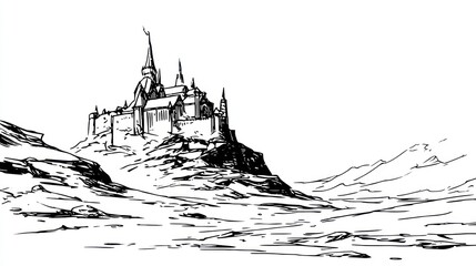 Fototapeta premium A detailed sketch of a grand castle perched on a rocky hill in a barren landscape