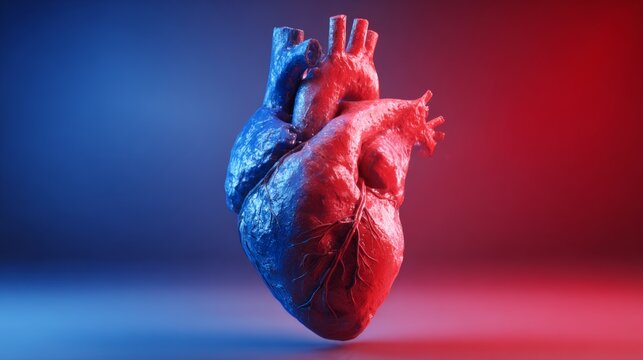 3d render of a human heart on a blue and red gradient background. - Powered by Adobe