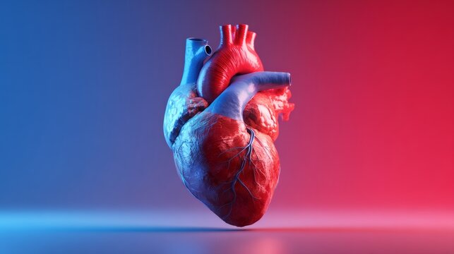3d render of a human heart on a blue and red gradient background.