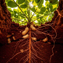 Underground View of Peanut Plant Roots and Pods in Rich Soil