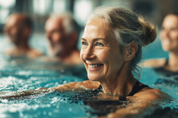 A smiling senior woman at an aqua gym doing arm exercises with a group of people in the pool.