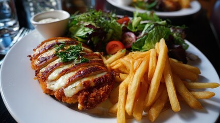 Breaded chicken with melted cheese french fries and salad on plate.