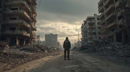 Obraz premium A soldier stands in the middle of an abandoned street, surrounded by destroyed buildings and debris from war.