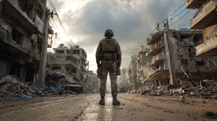 Obraz premium A soldier stands in the middle of an abandoned street, surrounded by destroyed buildings and debris from war.