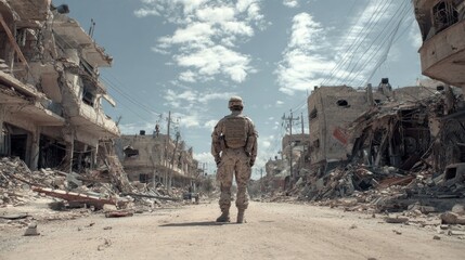 Obraz premium A soldier stands in the middle of an abandoned street, surrounded by destroyed buildings and debris from war.