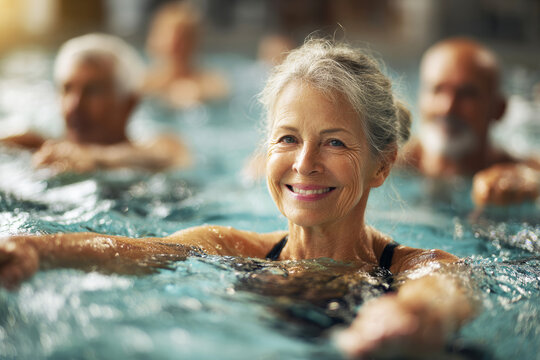 A smiling senior woman at an aqua gym doing arm exercises with a group of people in the pool.