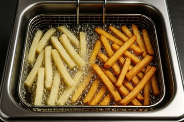 French Fries Frying in Deep Oil Showing Raw and Crispy Transformation Side by Side in Fryer