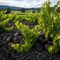 Green Vineyards on Rocky Soil Under Cloudy Blue Sky