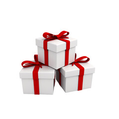 Three white gift boxes with red ribbons on a white background.