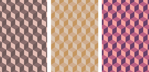 Three vertical panels showcasing abstract geometric patterns with repeating cube illusions in brown beige and pink hues. Seamless isometric cube pattern in neutral tones. 