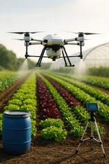 Agricultural Drone Spraying Water and Fertilizer over Vegetable Rows in Smart Greenhouse Farm