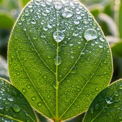 Vibrant Green Leaf with Morning Dew and Golden Sunlight