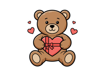 Cute Teddy Bear Holding Heart Gift Cartoon Illustration.