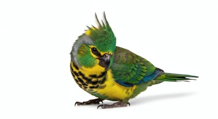 Fototapeta premium Colorful Green Yellow Bird with Crest Preenig on White Background, isolated on white background