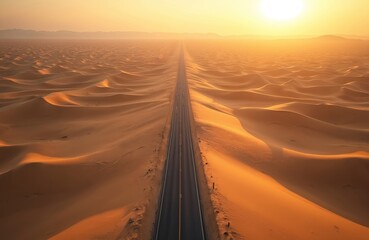 Aerial photo of desert road at sunset. Straight highway in sandy dunes stretches to horizon. Scenic view of empty desert landscape in hot summer light.