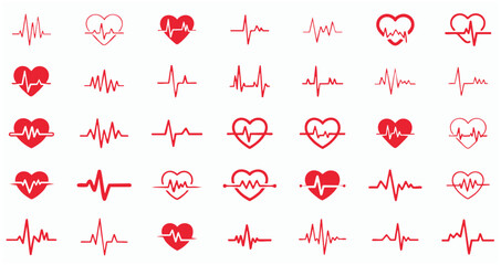 Red heartbeat line collection with heart symbol, cardiology, medical pulse, ECG, EKG design, healthcare clipart vector illustration, health monitoring, digital heartbeat graphics © BK2003