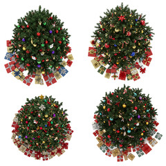 Overhead Views of Decorated Evergreen Trees with Colorful Ornaments and Wrapped Gifts Isolated on Transparent Background for Holiday Layouts